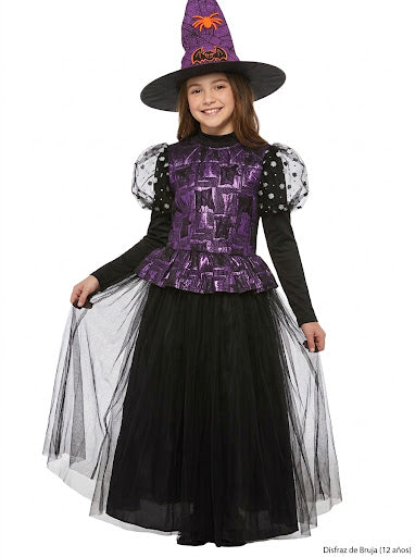 Disfraz de bruja morada para niña, con sombrero puntiagudo, corpiño estampado y falda negra de tul