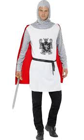 Traje de caballero medieval para hombre con capucha de malla gris, túnica blanca y pantalones negros