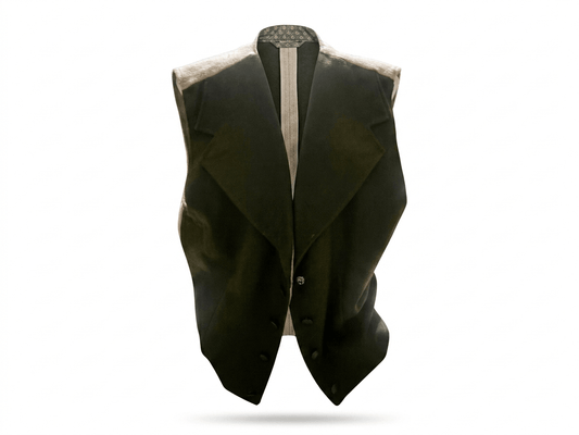 Chaleco de traje regional asturiano verde oscuro con botones y solapas delanteras.
