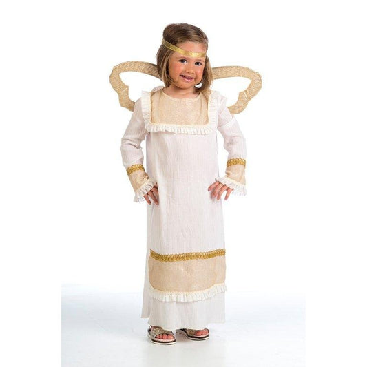 Disfraz de angelito para niña con vestido blanco de manga larga, volante y alas