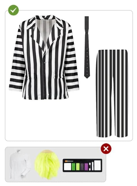 Traje de Beetlejuice con chaqueta y pantalón a rayas blancas y negras y corbata; sin peluca ni maquillaje