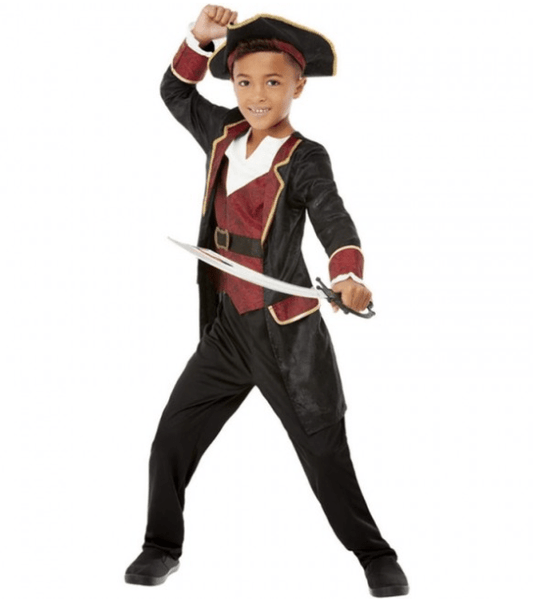 Disfraz de espadachín infantil: pantalón negro, espada de utilería y sombrero