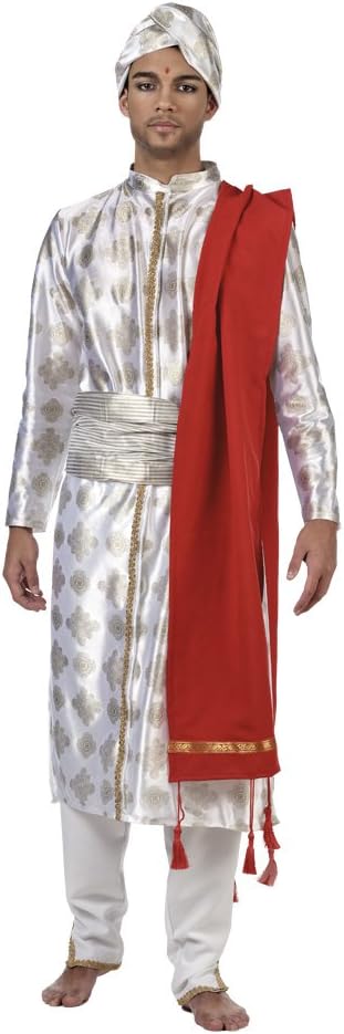 Disfraz hindú plateado con capa roja y pantalón blanco, detalles dorados visibles