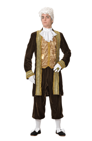 Disfraz de época para hombre: chaqueta marrón, chaleco dorado y camisa blanca con volantes