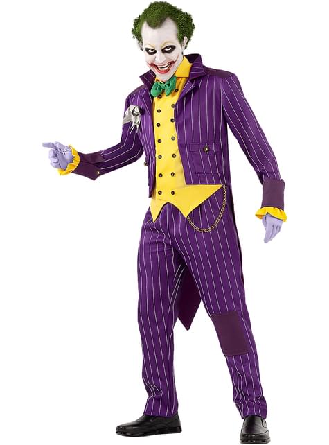 Disfraz de Joker estilo Arkham, traje morado a rayas con chaleco amarillo y pajarita verde