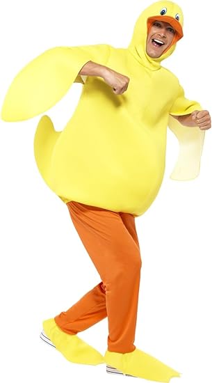 Disfraz de pato amarillo con capucha y pantalón naranja, calzado amarillo