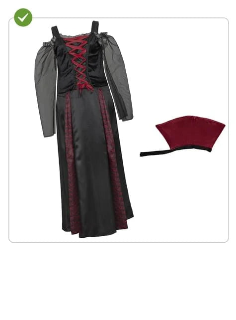 Contenido del disfraz de vampiresa: vestido largo negro y burdeos y cuello alto rojo con cinta negra