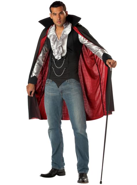 Disfraz de vampiro para hombre con capa negra de interior rojo y cuello alto