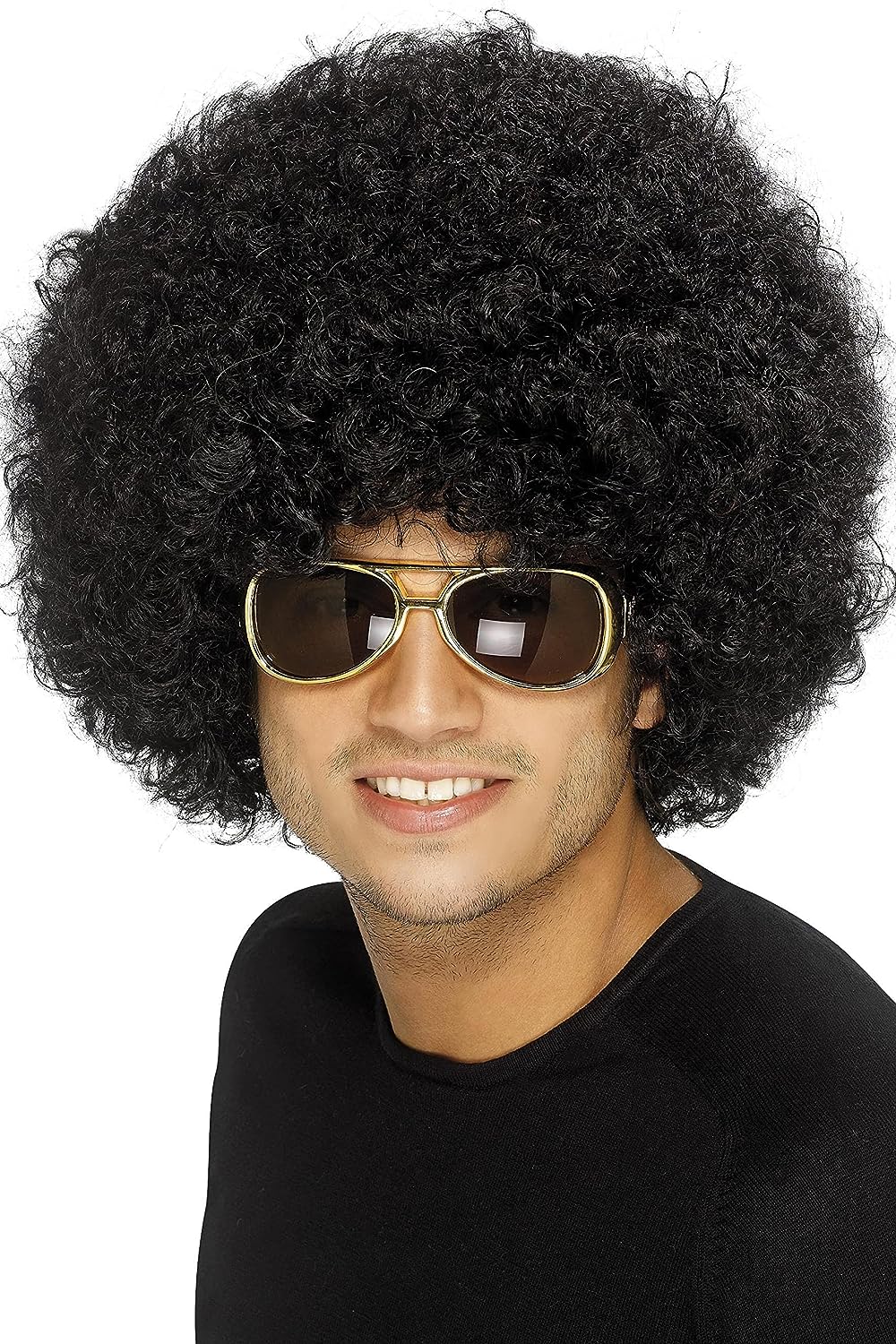Peluca afro rizada años 70 con cabello oscuro y muy voluminoso