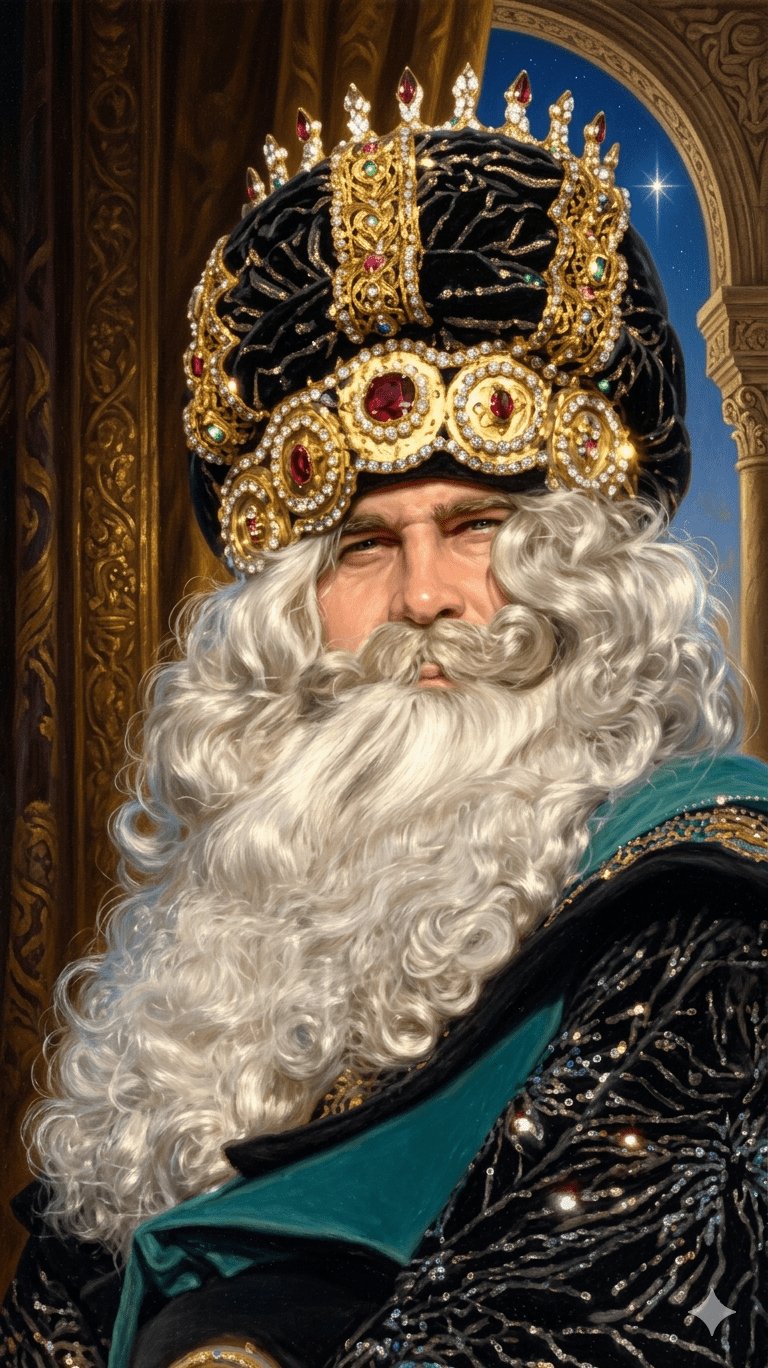 Peluca y barba con pelo gris y corona dorada decorada