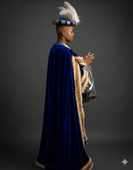Traje de rey Baltasar: capa azul con ribetes dorados, gorro con pluma y vista lateral