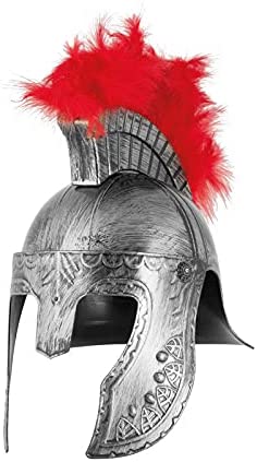 Casco romano plateado con pluma roja y máscara con grabados decorativos