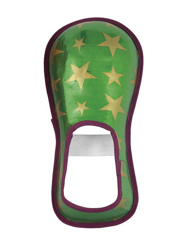Cubrezapatos de payaso verde con estrellas amarillas y borde morado, abertura oval