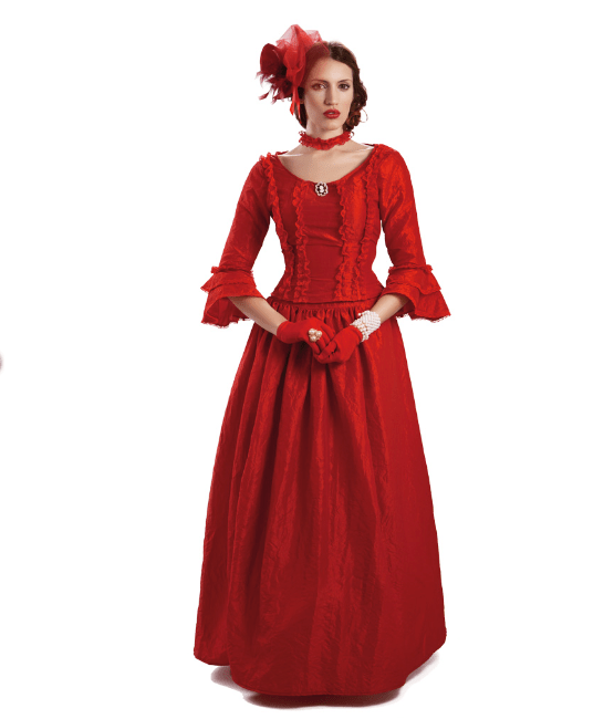 Vestido rojo estilo Oeste para mujer con volantes, encaje y mangas abullonadas