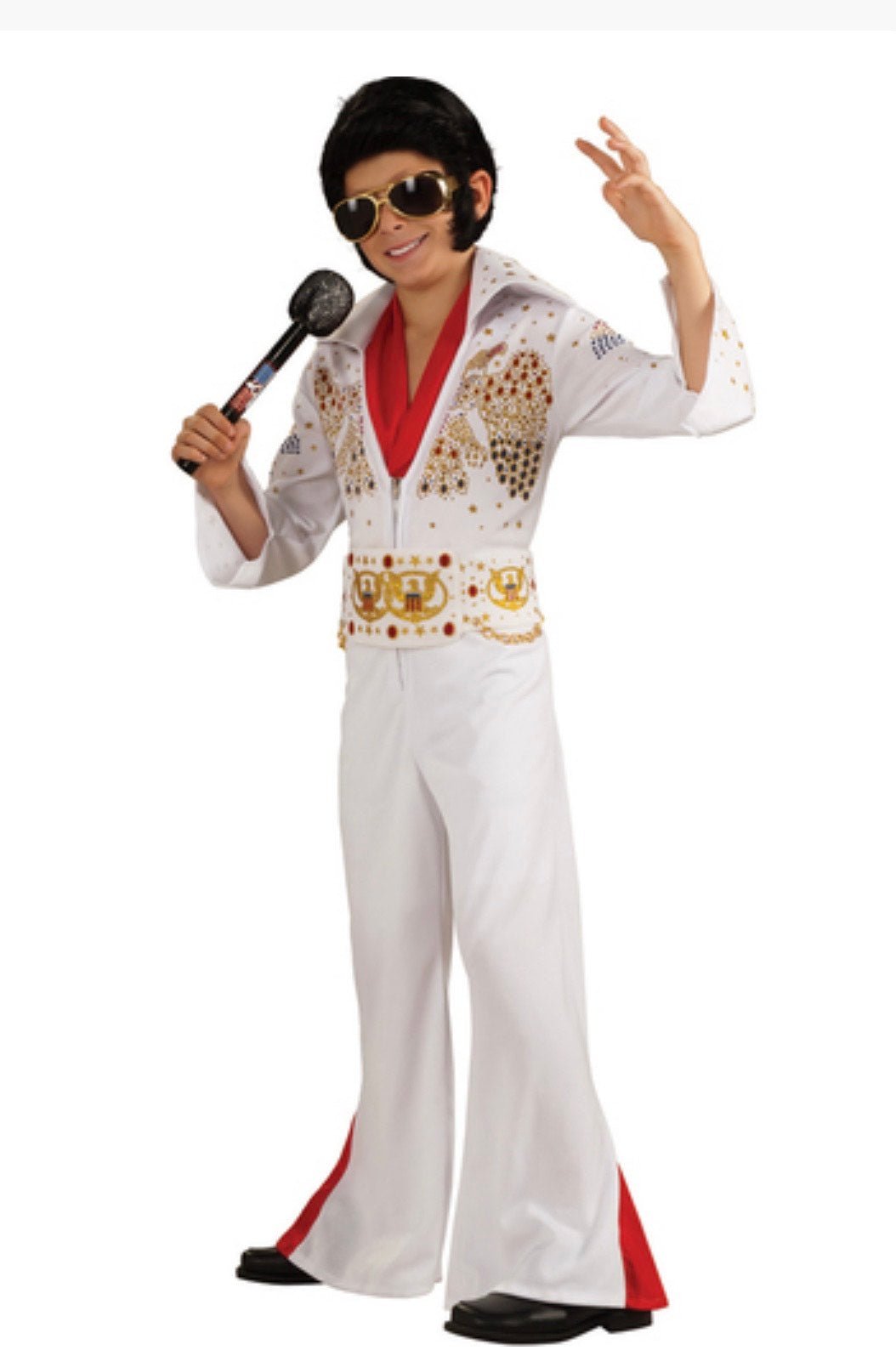 Disfraz de Elvis para niño: traje blanco con ribete rojo y detalles dorados
