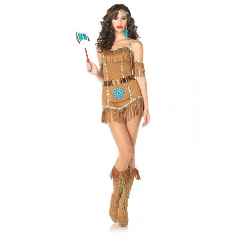 Disfraz tribal de India: vestido sin mangas con flecos y cinturón azul, con botas altas