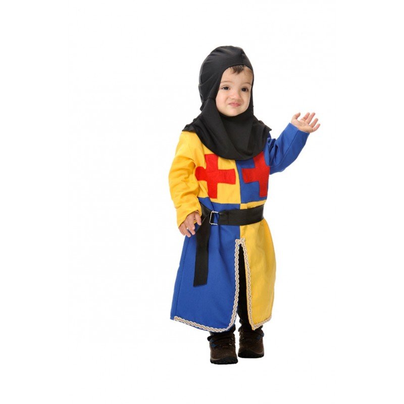 Disfraz medieval para bebé con capucha negra, túnica azul y amarilla con cruz roja