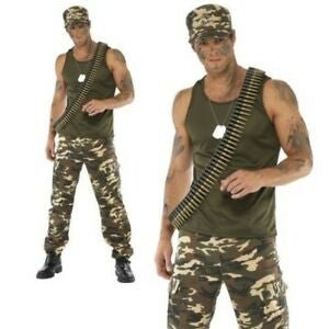 Disfraz militar para hombre con chaleco y pantalón camuflaje, gorra y bandolera