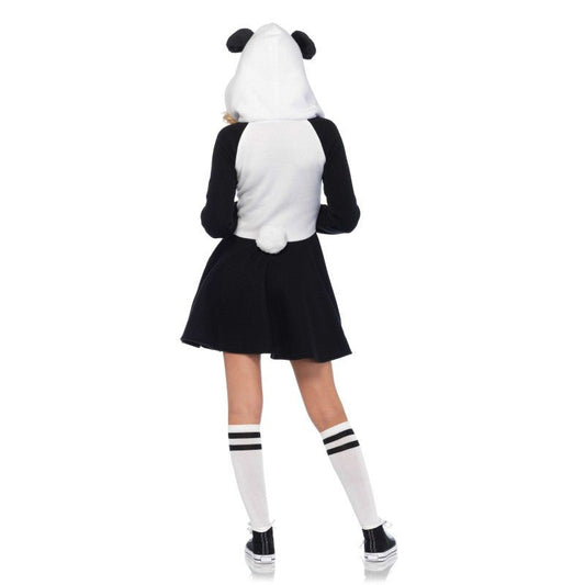 Disfraz de oso panda para mujer con capucha blanca, falda negra y calcetines a rayas