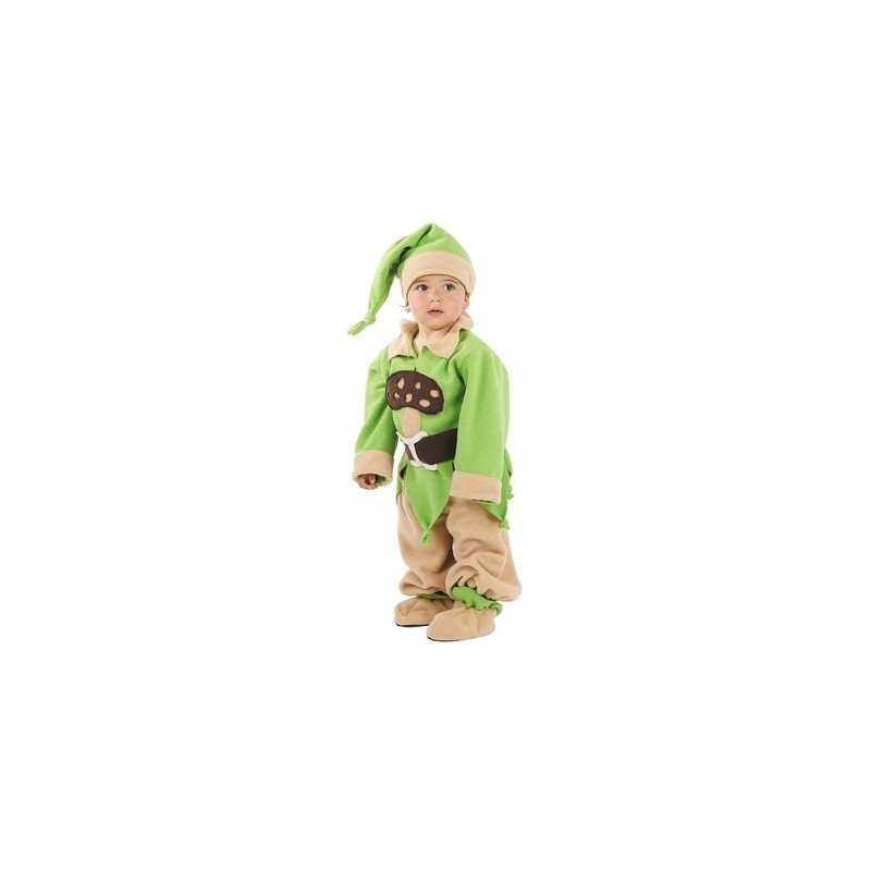 Disfraz de enanito para bebé: chaqueta verde con gorro y peto marrón