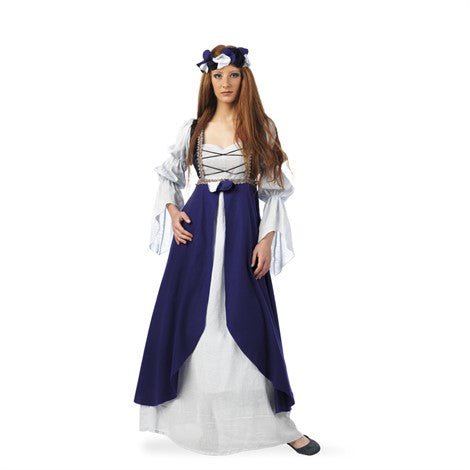 Traje medieval con vestido azul y blusa blanca con tocado morado