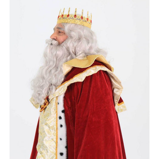 Traje de rey con capa roja terciopelo, cuello y forro dorados, corona y barba