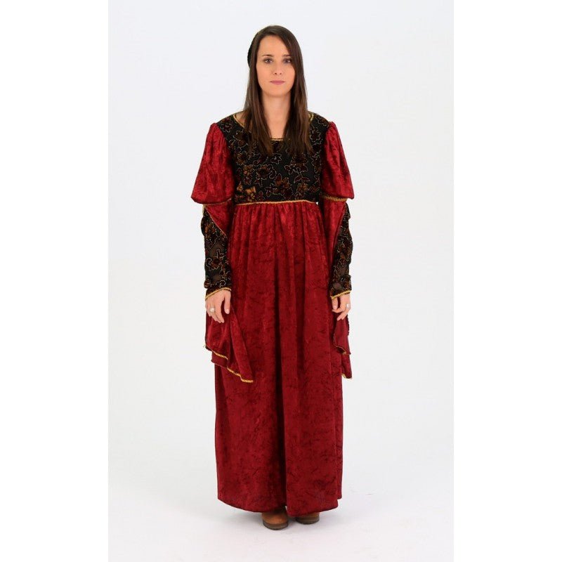 Vestido medieval rojo con faldón amplio, mangas abullonadas y corpiño negro estampado