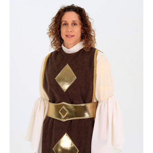 Vestido medieval marrón con chaleco dorado y diamantes, cuello blanco y mangas abullonadas.