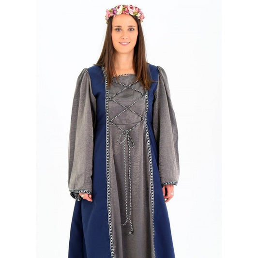 Vestido medieval azul con paneles gris, cordones decorativos y falda amplia