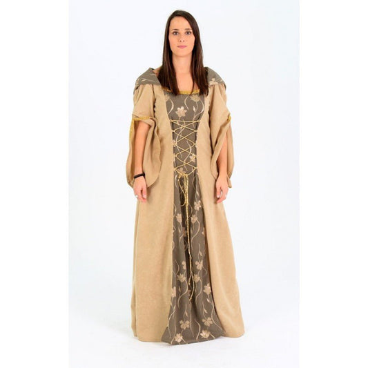 Vestido medieval beige de manga corta con capucha, frente con cordones y estampado oscuro