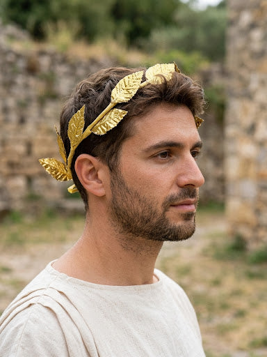 Corona de laurel amarillo dorado con hojas en relieve, puesta con vestuario de inspiración romana