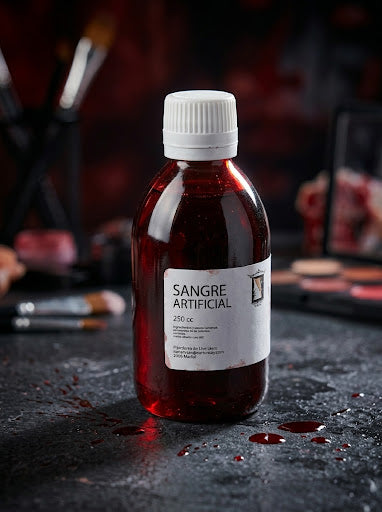 Botella de sangre líquida artificial con líquido rojo oscuro