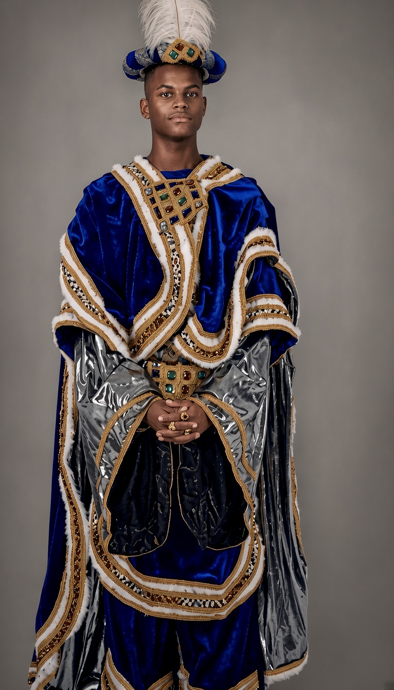 Traje de Rey Mago azul con capa plateada, corona dorada y adorno trenzado
