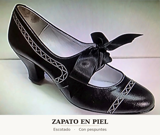 Zapato de tacón alto para mujer negro, lazo frontal y costuras decorativas