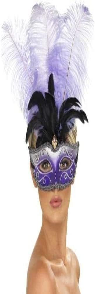 Antifaz veneciano negro con plumas blancas y decoración morada en la máscara
