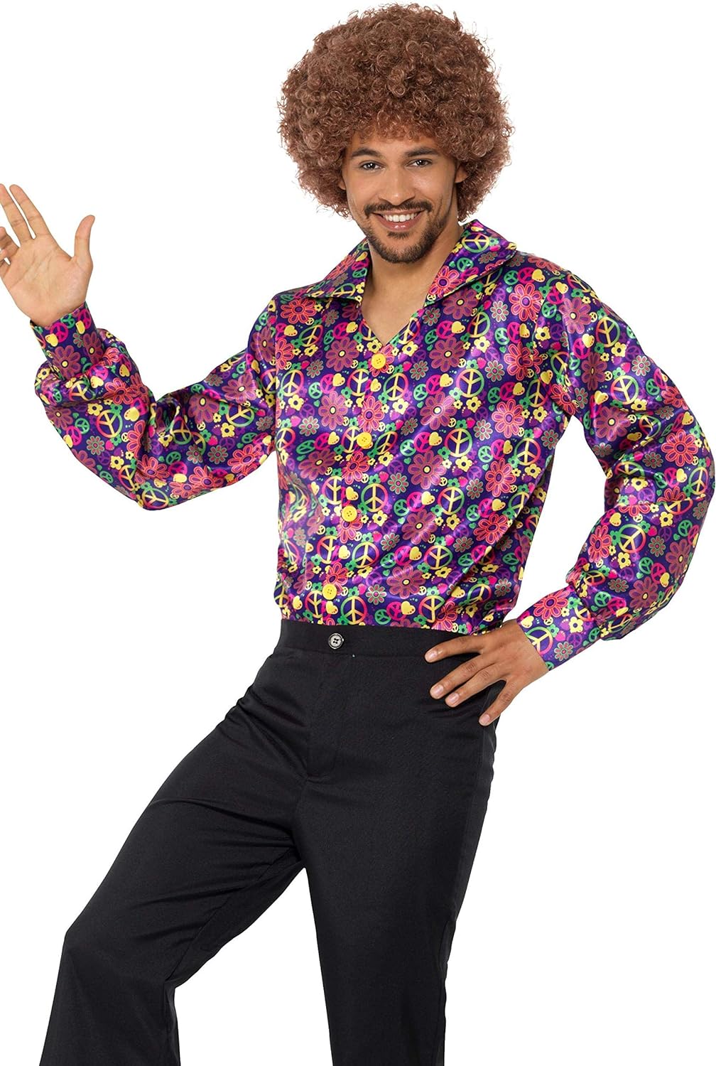 Camisa disco años 70 multicolor con estampado psicodélico y botones, manga larga.