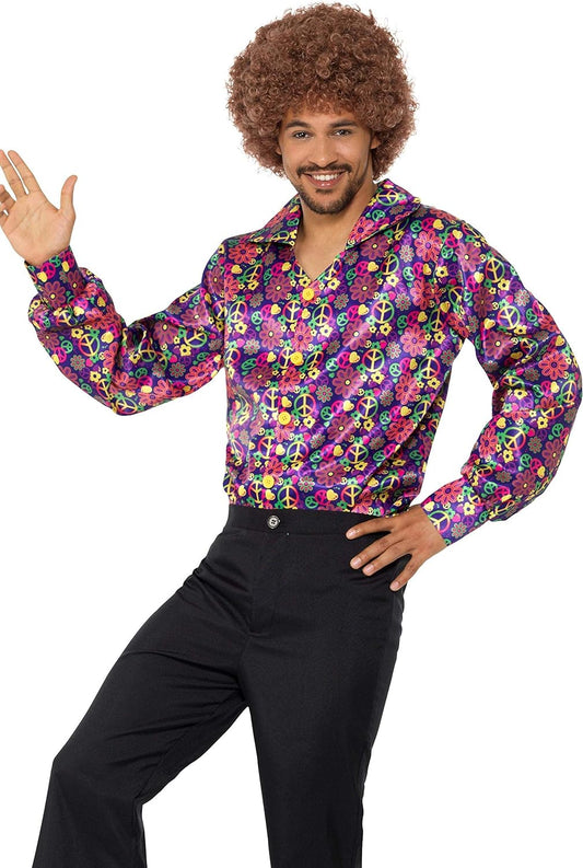 Camisa disco años 70 multicolor con estampado psicodélico y botones, manga larga.
