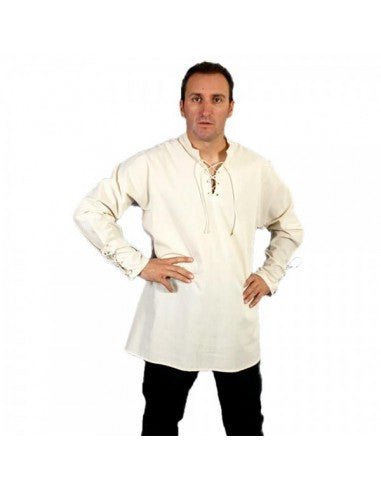 Camisa medieval blanca de corte suelto con abertura con cordones en el pecho