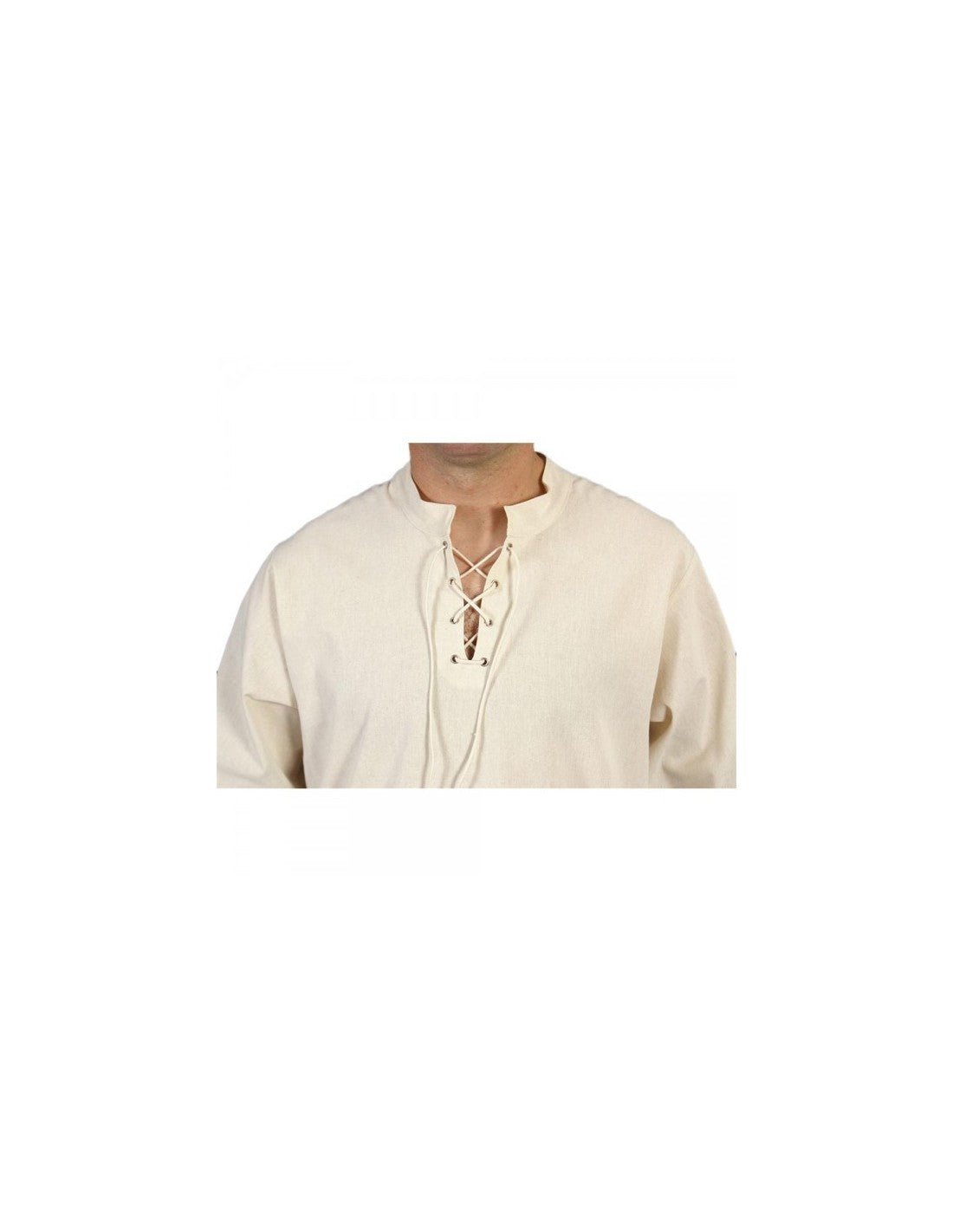 Camisa medieval blanca de lino con cordones en el cuello y mangas largas