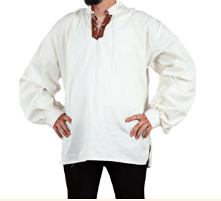 Camisa medieval de hombre blanca de manga larga con cuello en V y abertura frontal