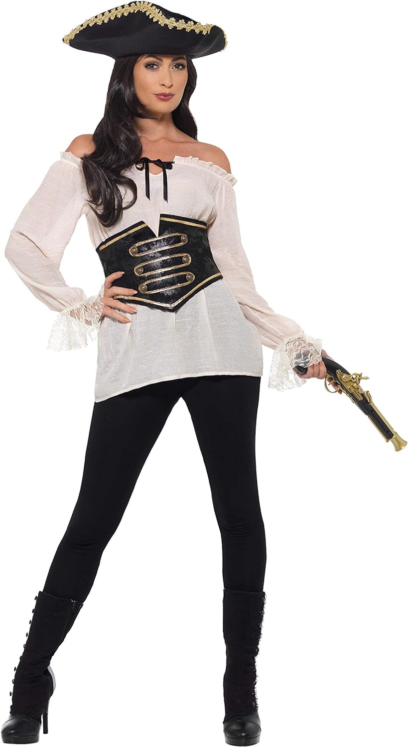Camisola pirata blanca con hombros descubiertos, corsé negro y mangas con encaje