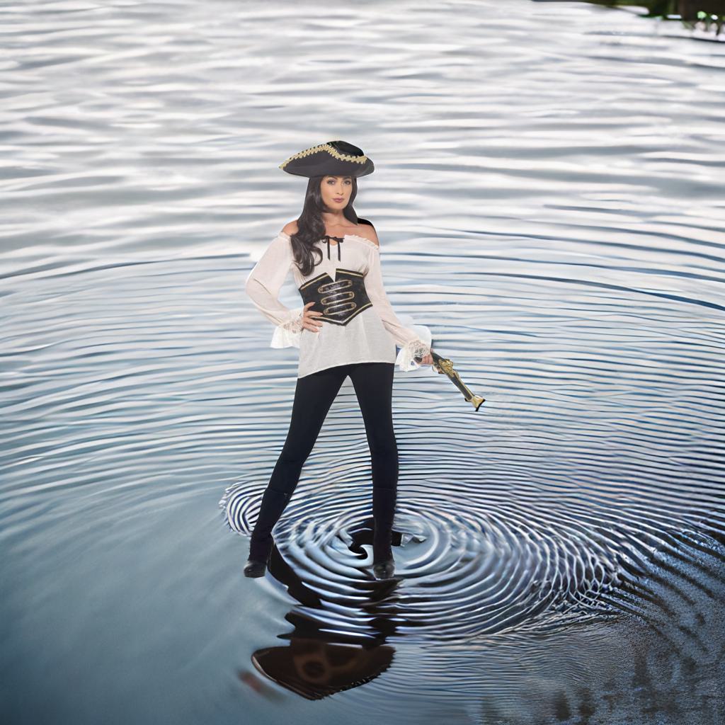 Camisola de pirata para mujer blanca con corsé negro y sombrero pirata negro