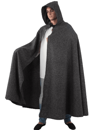 Capa medieval oscura con capucha y abertura frontal