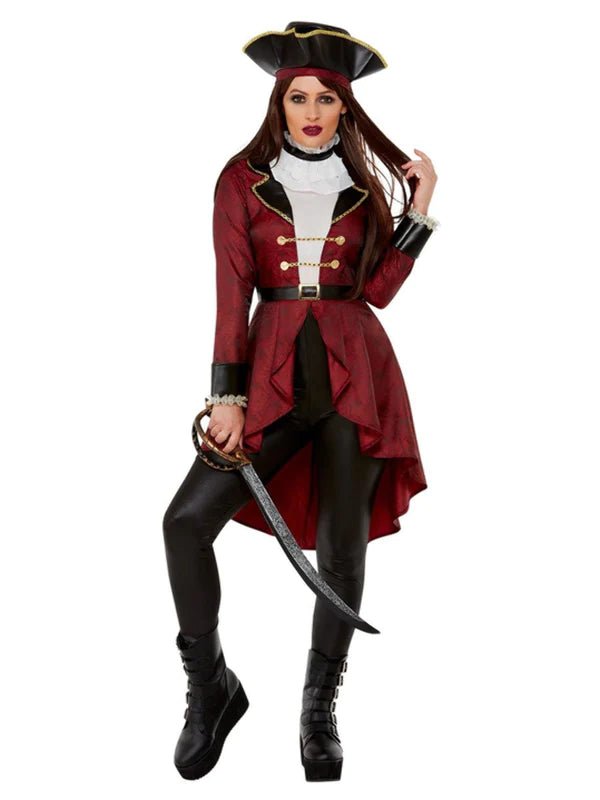 Disfraz de capitana pirata para mujer: abrigo rojo con botones dorados y sombrero tricornio negro