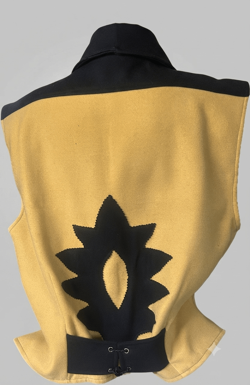 Chaleco regional asturiano amarillo con capucha y emblema negro en la espalda