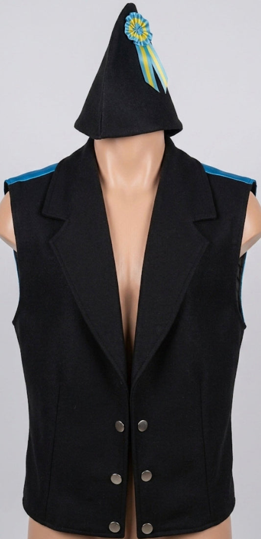 Chaleco negro sin mangas con botones y adorno multicolor en el cuello