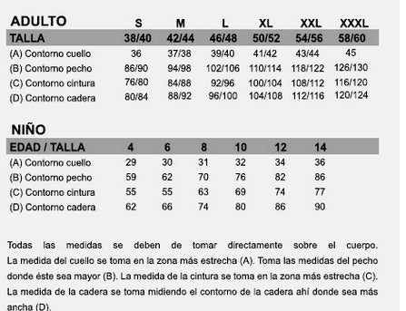 Tabla de medidas del chaleco de traje regional asturiano: adulto y niño