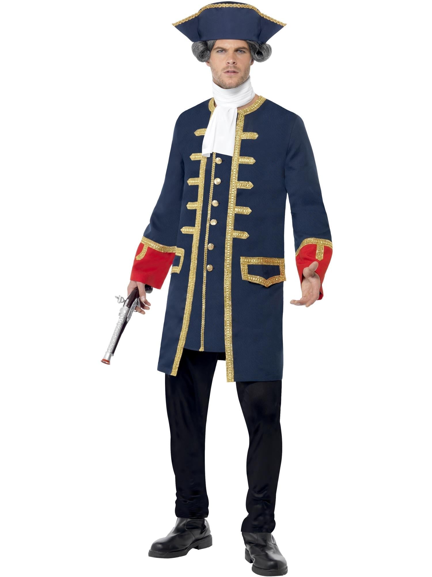 Traje pirata para hombre con chaqueta azul bordada, chaleco dorado y sombrero.