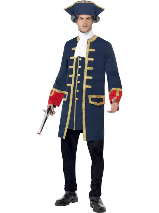 Traje pirata para hombre con chaqueta azul bordada, chaleco dorado y sombrero.