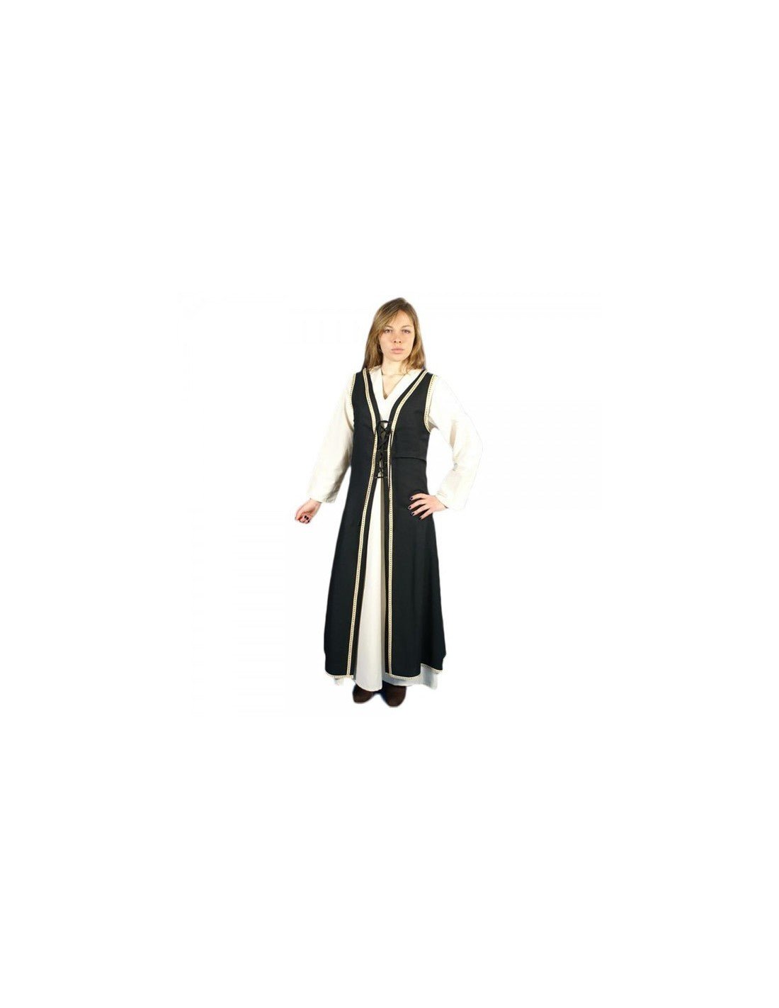Vestido medieval negro sin mangas con camisón blanco de cuello en V y falda amplia